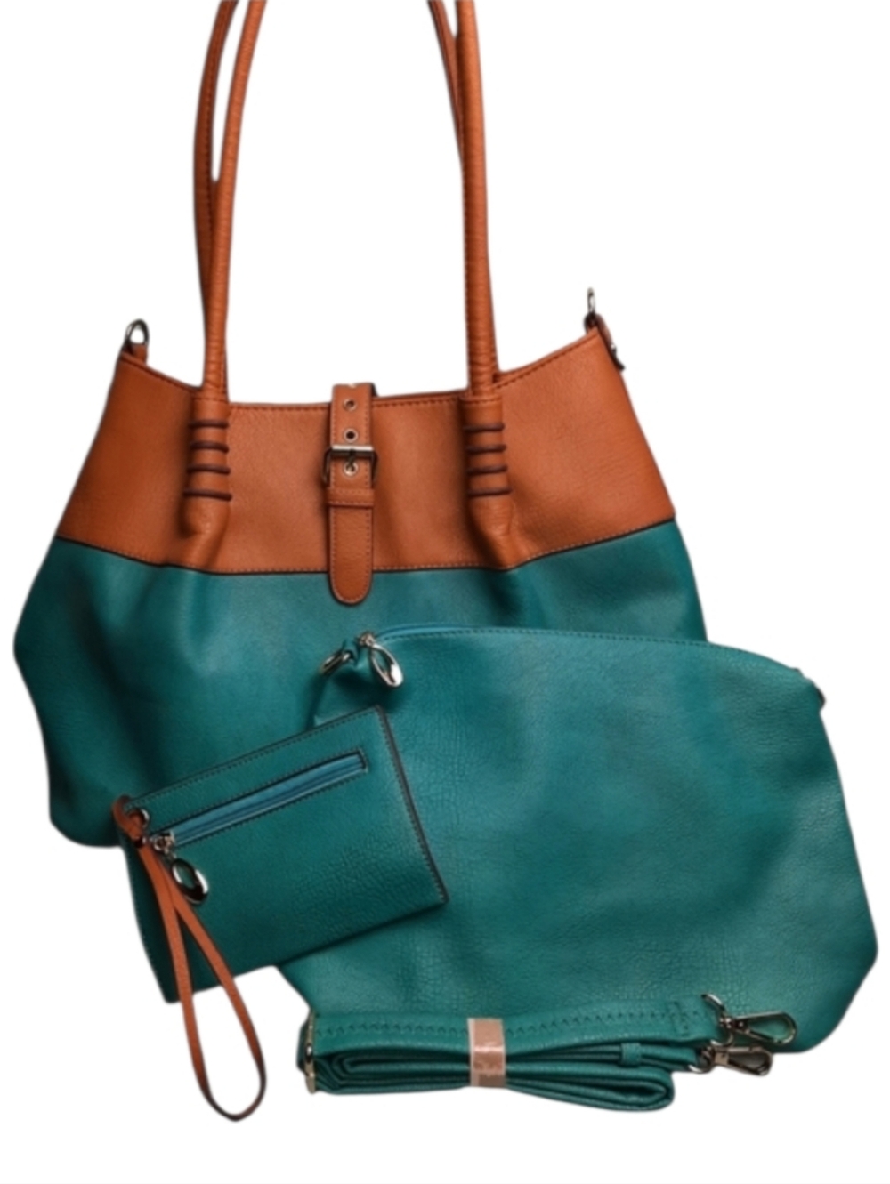 Black Rivet 3-in-1 Vegan Leather Shoulder Tote/Crossbody/Wristlet 4PC Set